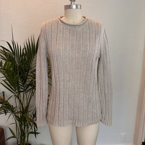 Lands' End Sweaters - Vintage Lands End Linen/ Cotton Tan Cable Knit Crewneck Pullover Sweater